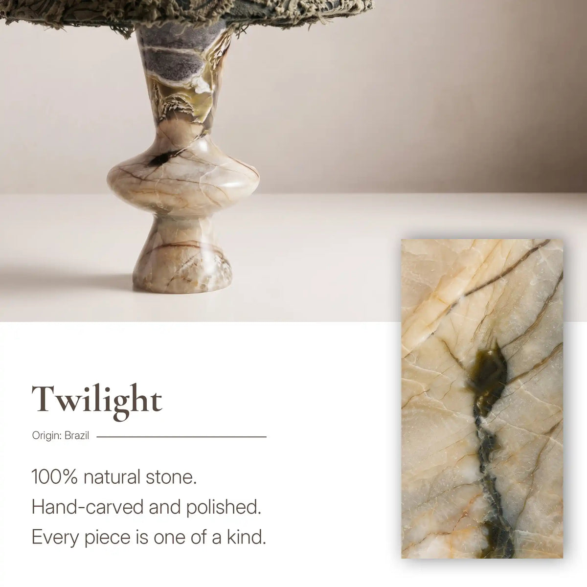 Twilight Marble stone detail beside the sculptural base of the Forest Ember table lamp