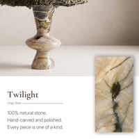 Twilight Marble stone detail beside the sculptural base of the Forest Ember table lamp