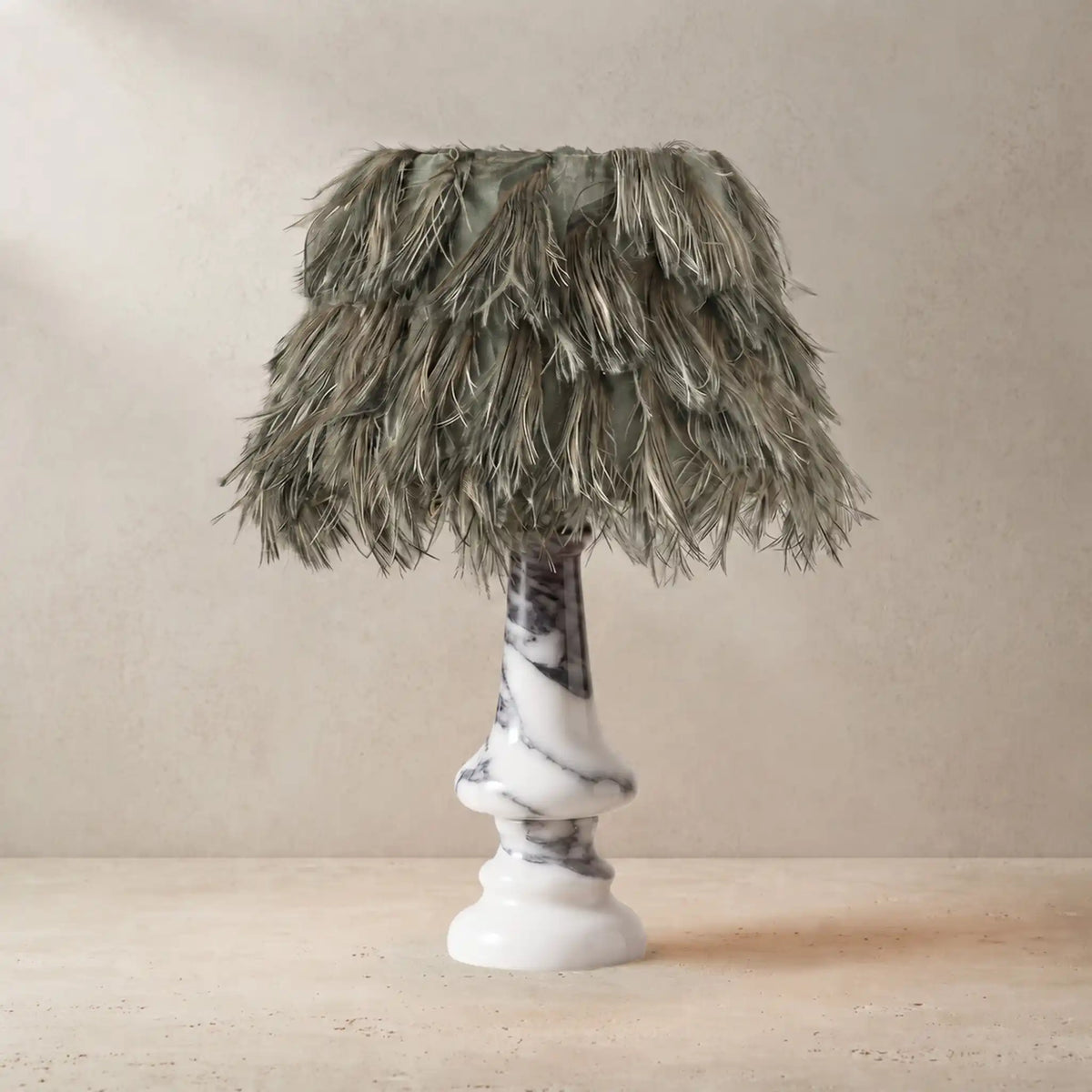 Freehand Arabescato Marble Table Lamp with a textured fabric shade and sculptural urn-shaped base