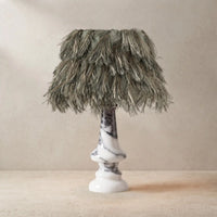 Freehand Arabescato Marble Table Lamp with a textured fabric shade and sculptural urn-shaped base