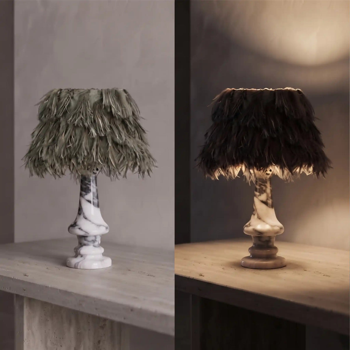 Freehand Arabescato Marble Table Lamp shown unlit and illuminated with warm light