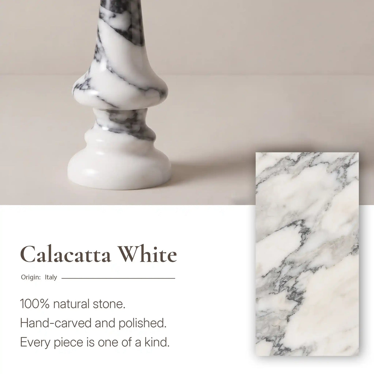 Natural Arabescato Marble detail on the Freehand table lamp with flowing grey veining