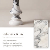 Natural Arabescato Marble detail on the Freehand table lamp with flowing grey veining