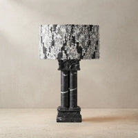 Silent Rift Black Vein Marble table lamp with architectural column base and textured fabric shade