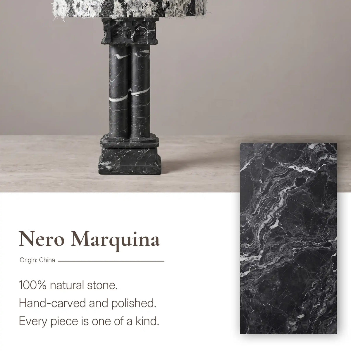 Black Vein Marble detail beside the architectural column base of the Silent Rift table lamp