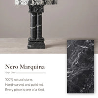 Black Vein Marble detail beside the architectural column base of the Silent Rift table lamp