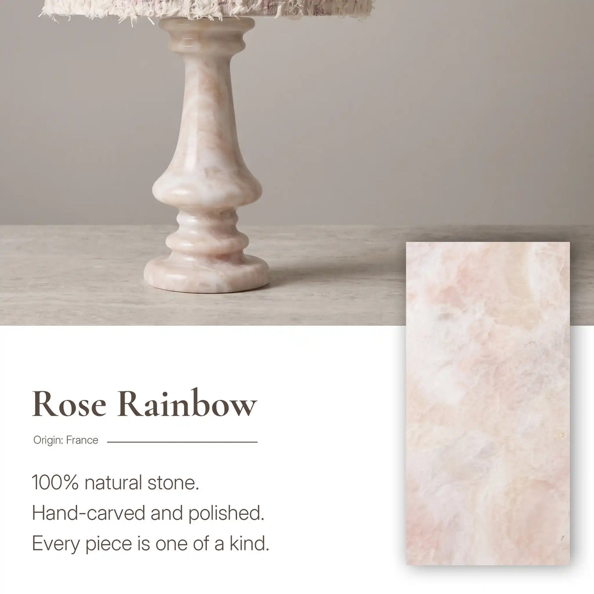 Close-up of First Blush natural Rainbow Rose Marble table lamp base with soft pink and cream veining, alongside a stone texture sample and material details.