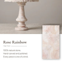 Close-up of First Blush natural Rainbow Rose Marble table lamp base with soft pink and cream veining, alongside a stone texture sample and material details.