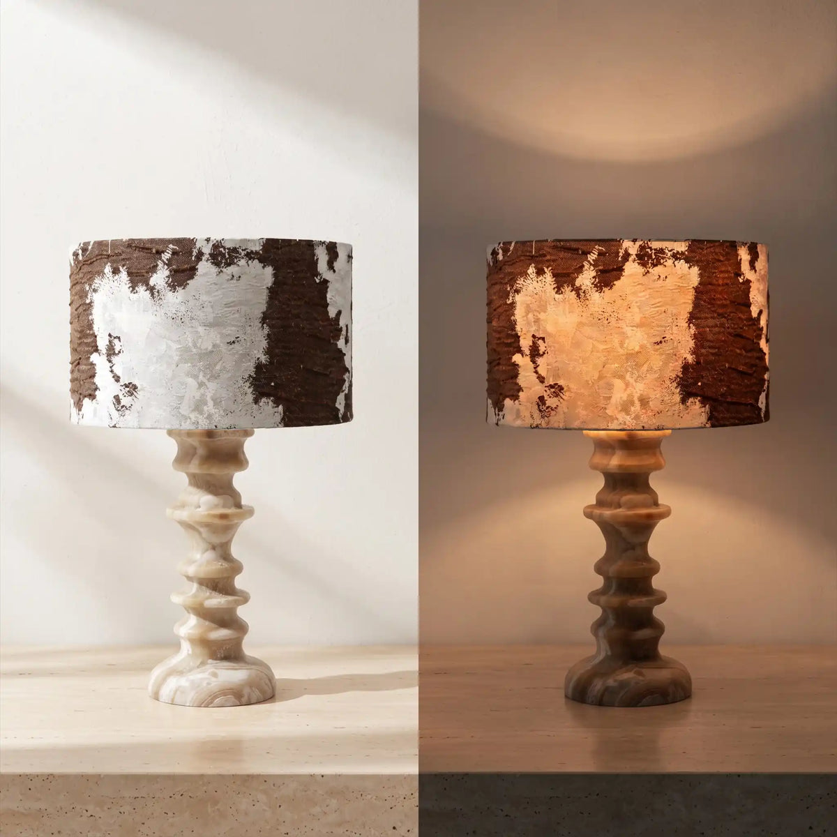 Desert Veil travertine table lamp shown switched off and glowing with warm light