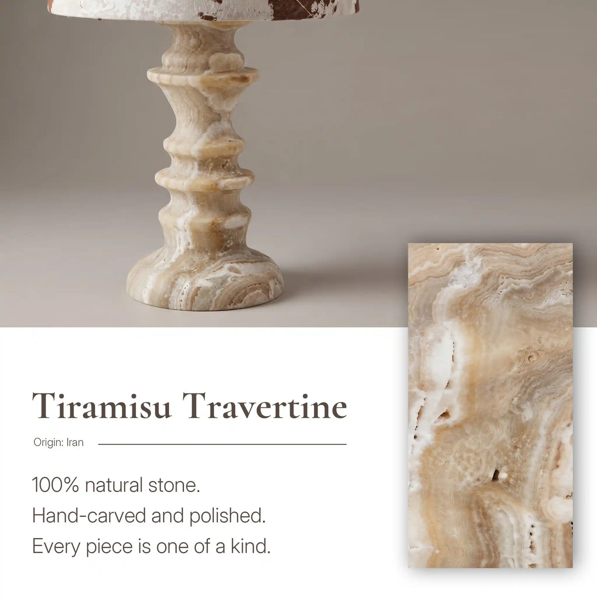 Close-up of natural Tiramisu Travertine veining and hand-carved base of Desert Veil lamp