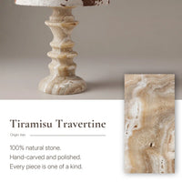 Close-up of natural Tiramisu Travertine veining and hand-carved base of Desert Veil lamp
