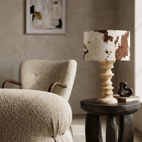 Close-up of Desert Veil table lamp shade with textured brown and white jacquard fabric